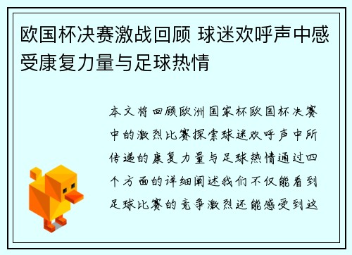 欧国杯决赛激战回顾 球迷欢呼声中感受康复力量与足球热情