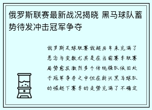 俄罗斯联赛最新战况揭晓 黑马球队蓄势待发冲击冠军争夺