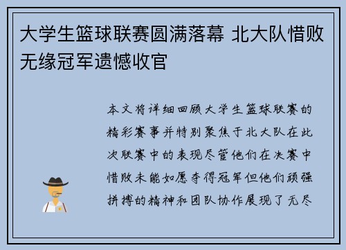 大学生篮球联赛圆满落幕 北大队惜败无缘冠军遗憾收官