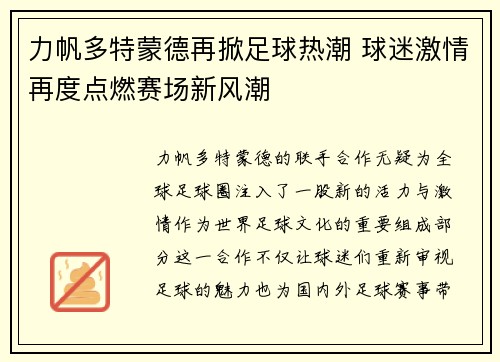 力帆多特蒙德再掀足球热潮 球迷激情再度点燃赛场新风潮
