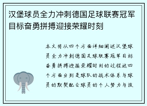 汉堡球员全力冲刺德国足球联赛冠军目标奋勇拼搏迎接荣耀时刻