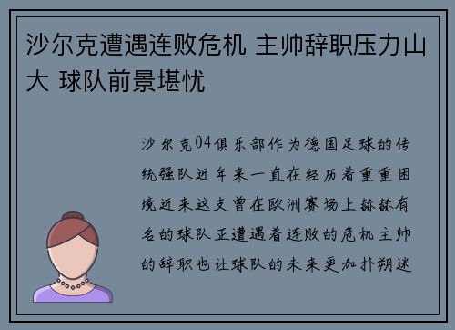 沙尔克遭遇连败危机 主帅辞职压力山大 球队前景堪忧